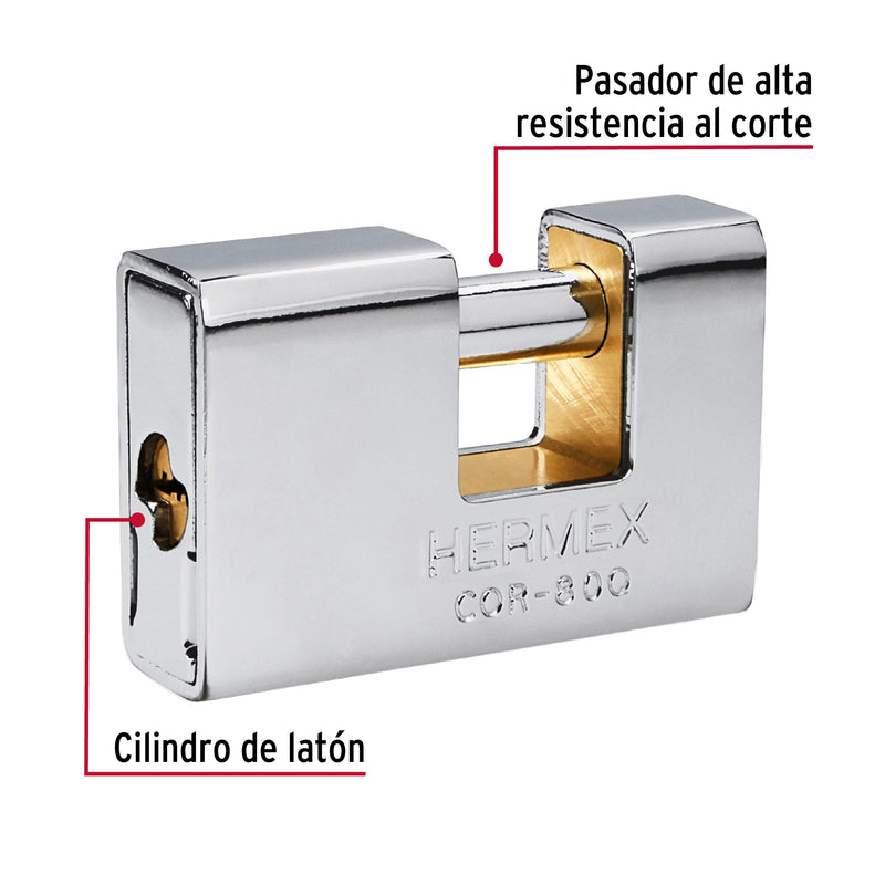 Candado para Cortina 80 mm Cuerpo de Laton Blindado Llave de Puntos Hermex