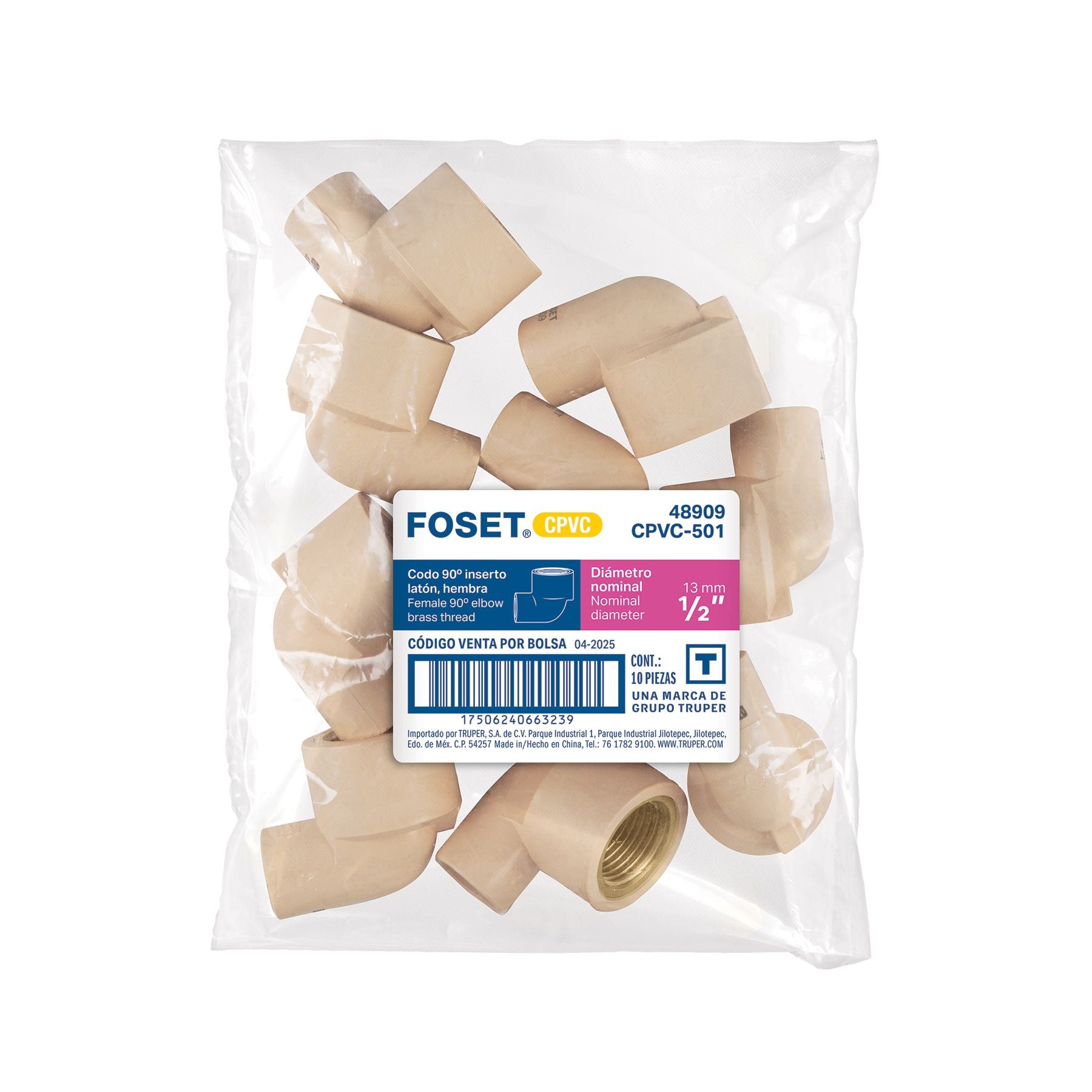 Codo CPVC 90° Rosca Interior Inserto Laton FOSET 1/2"
