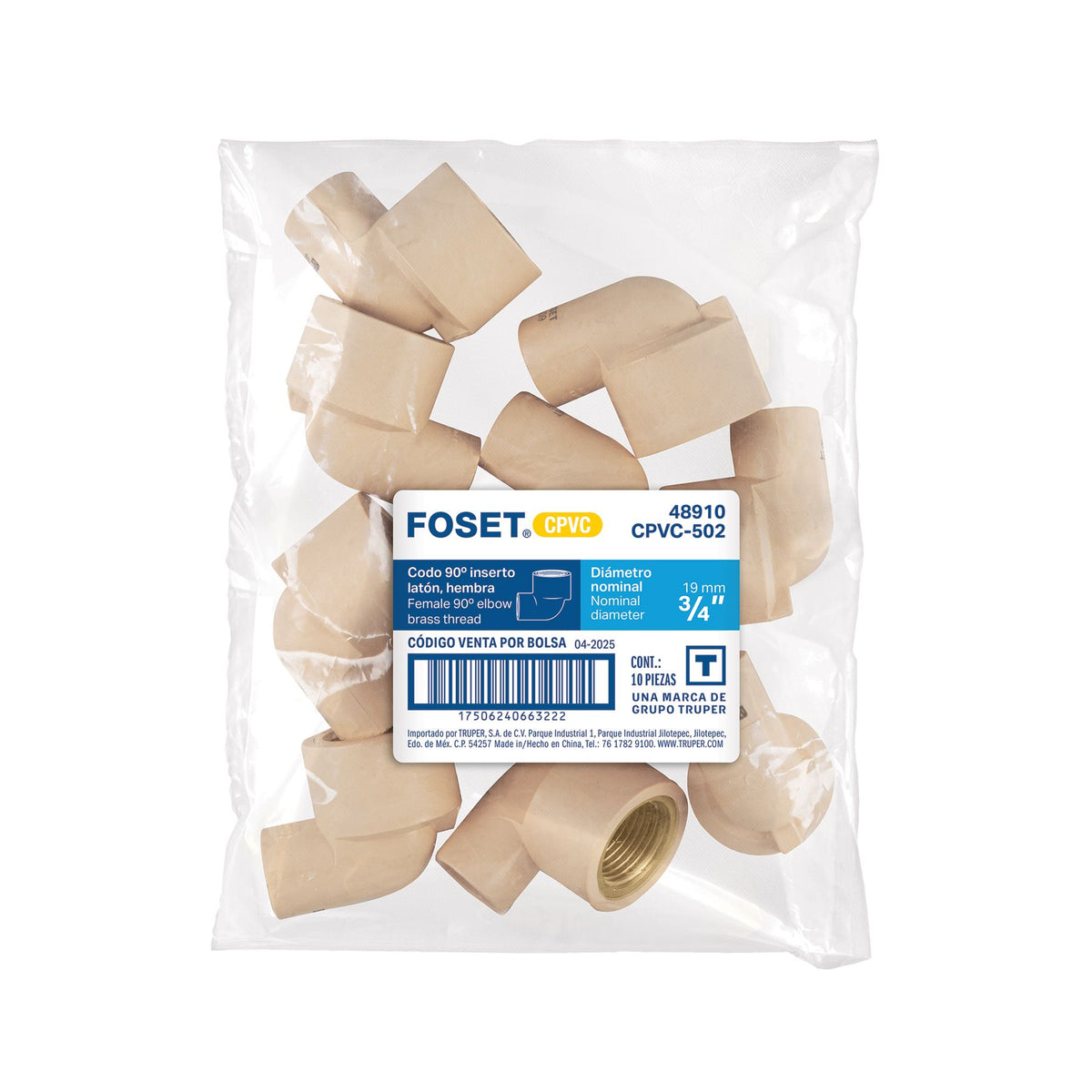 Codo CPVC 90° Rosca Interior Inserto Laton FOSET 3/4"