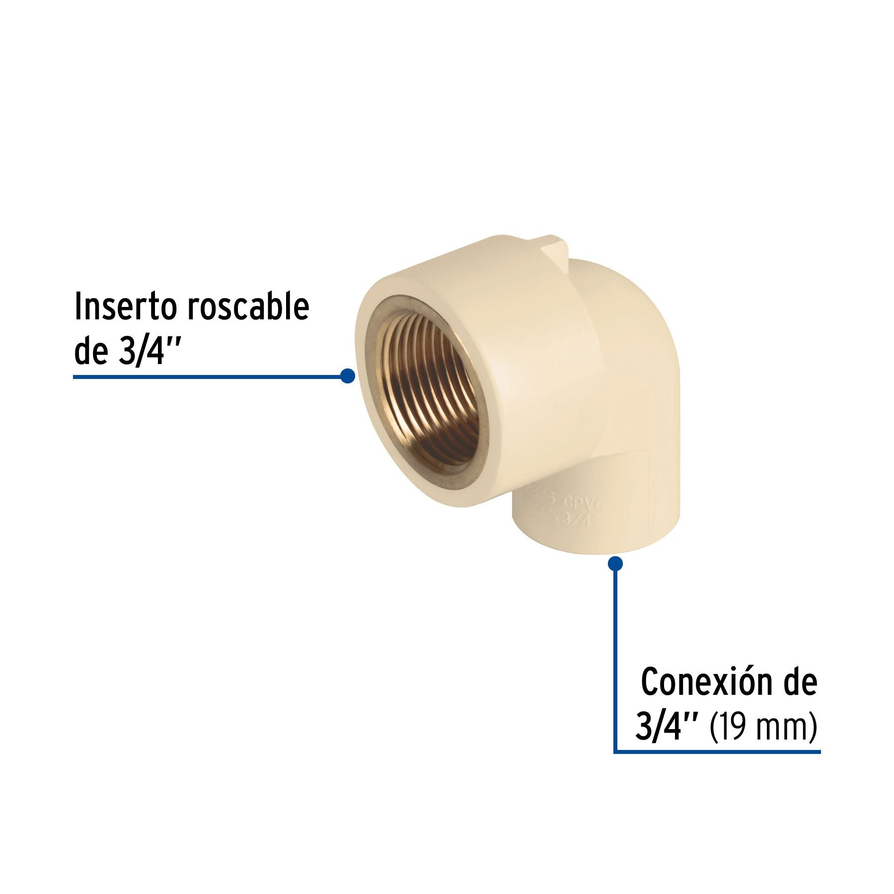 Codo CPVC 90° Rosca Interior Inserto Laton FOSET 3/4"