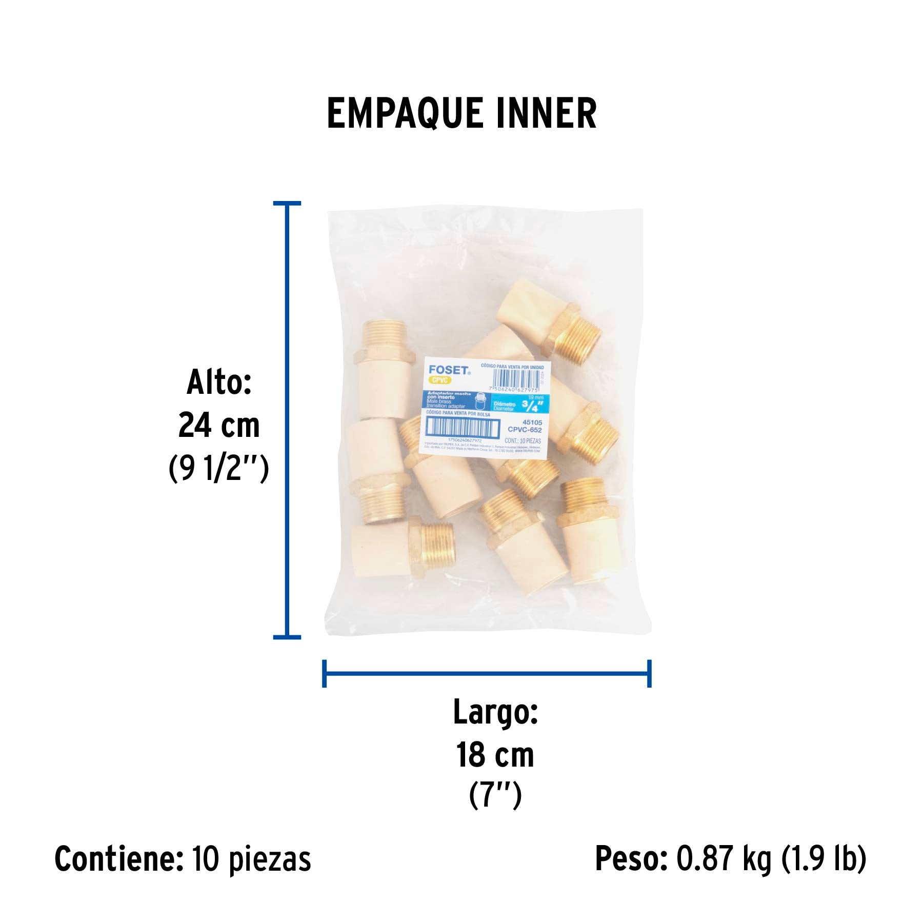 Conector Exterior CPVC con Inserto Metalico Hidroflow 3/4" (19 mm)