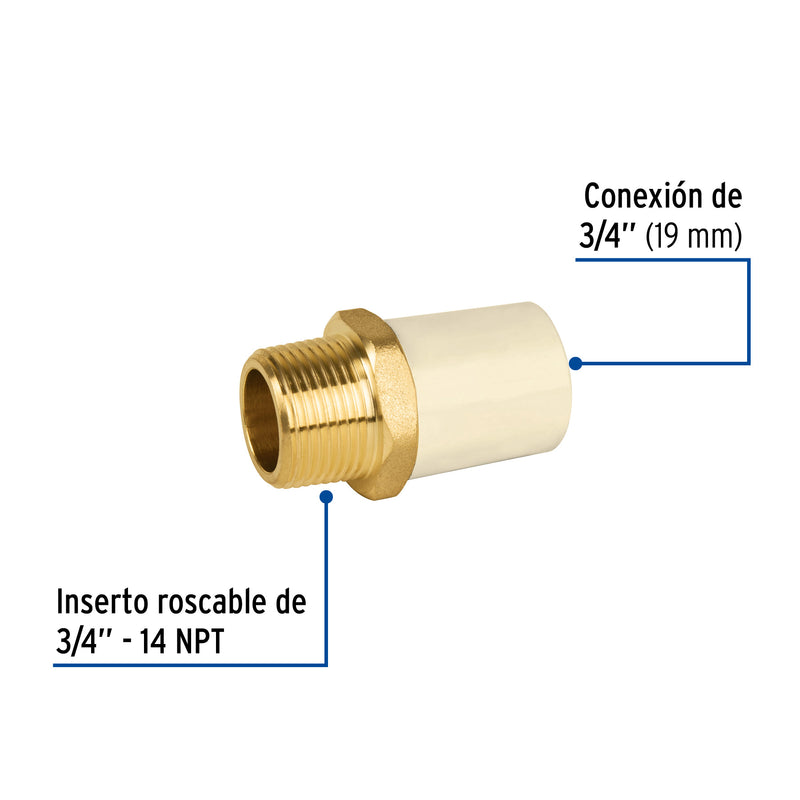 Conector Exterior CPVC con Inserto Metalico Hidroflow 3/4" (19 mm)