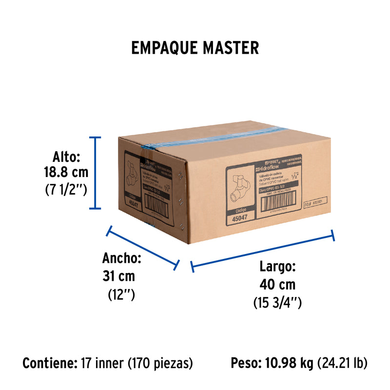 Valvula Esfera CPVC Cementar Hidroflow 1/2" (13 mm)