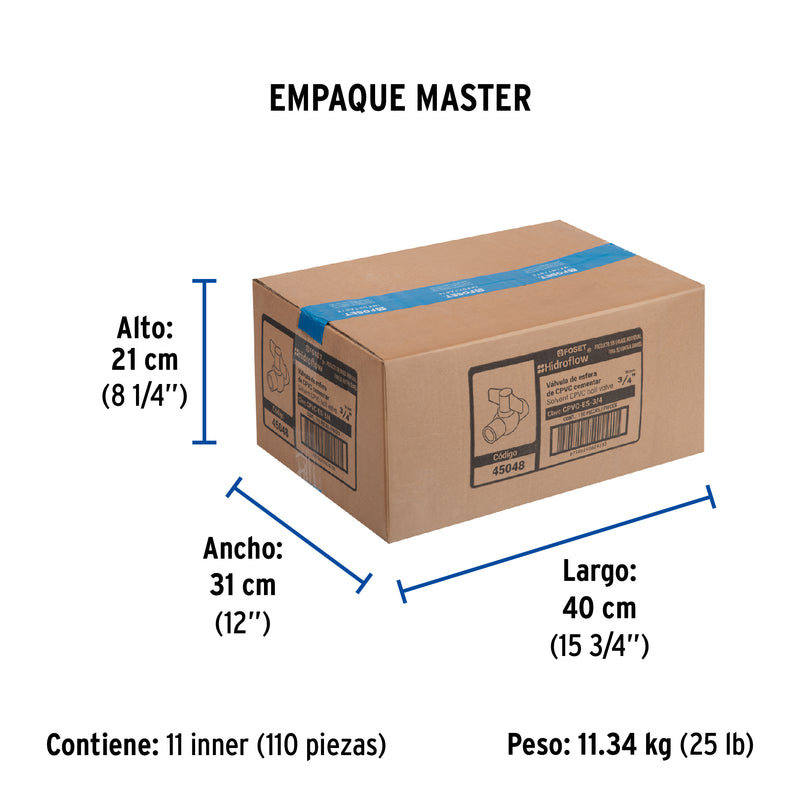 Valvula Esfera CPVC Cementar Hidroflow 3/4" (19 mm)