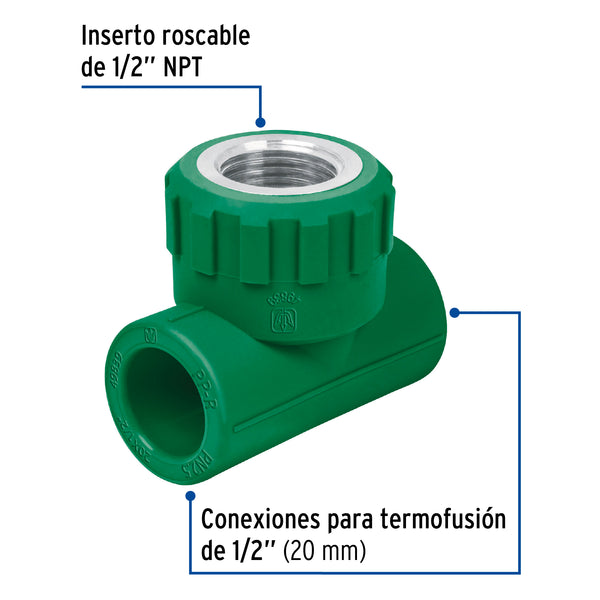 Tee PPR Rosca Central Interior 1/2" (20 mm) Termoflow