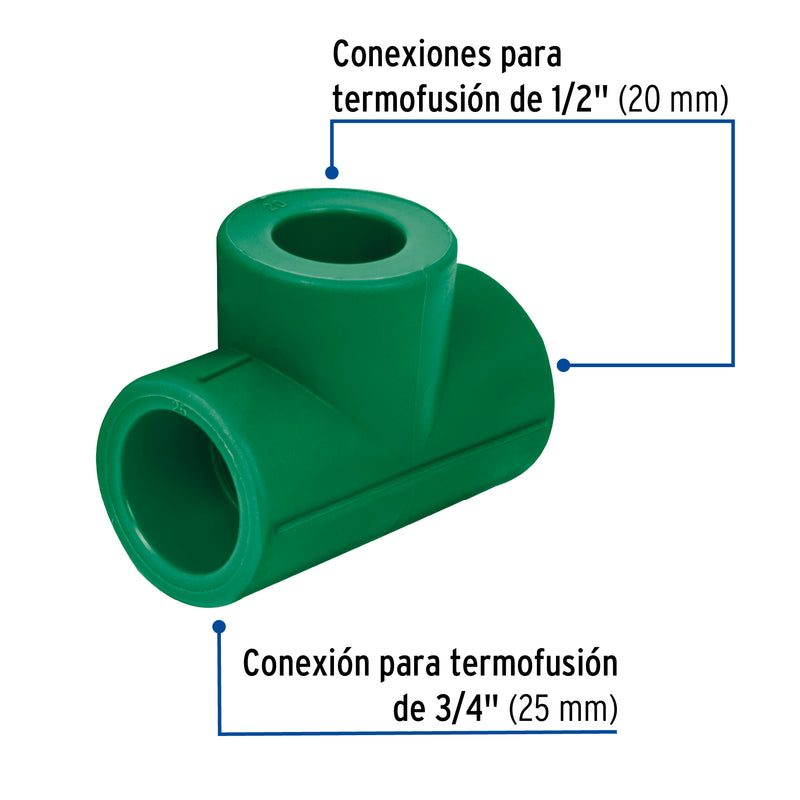 Tee PPR Reducida  3/4" x 1/2" x 1/2"  (25 mm x 20 mm x 20 mm) Termoflow