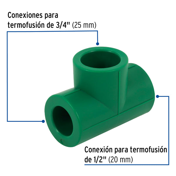 Tee PPR Reducida  3/4" x 1/2" x 3/4" (25 mm x 20 mm x 25 mm) Termoflow