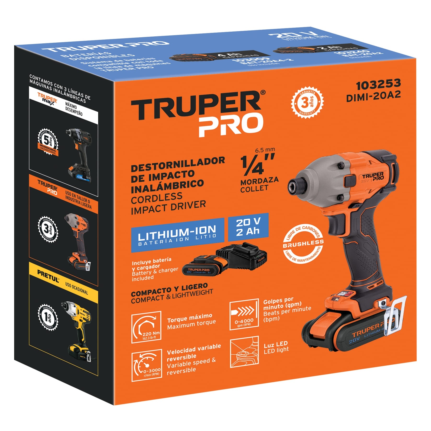 Destornillador de Impacto 1/4" Inalambrico 20 Volts 1 Bateria 1 Cargador Truper PRO