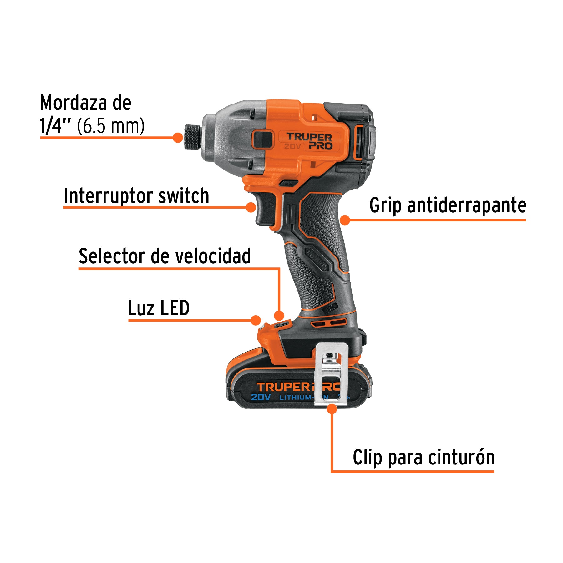 Destornillador de Impacto 1/4" Inalambrico 20 Volts 1 Bateria 1 Cargador Truper PRO