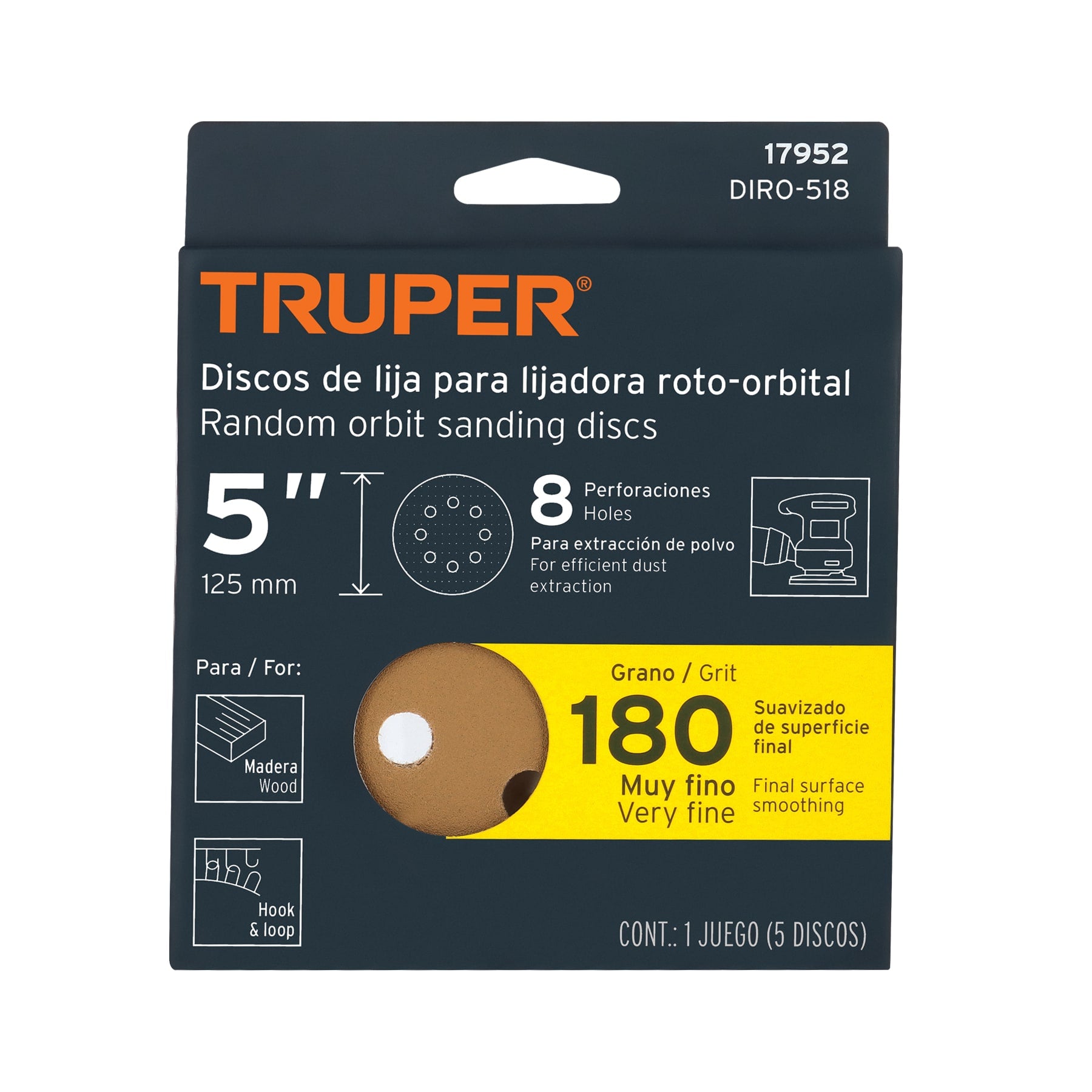 Caja con 5 Discos de Lija con Velcro Perforado 5" Grano 180 Truper
