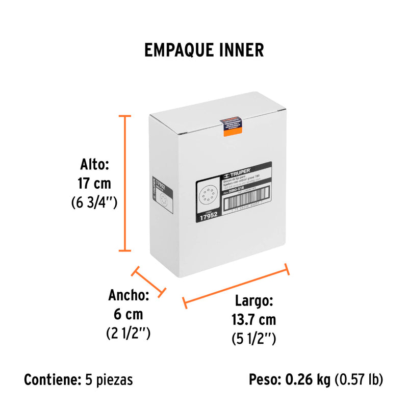 Caja con 5 Discos de Lija con Velcro Perforado 5" Grano 180 Truper