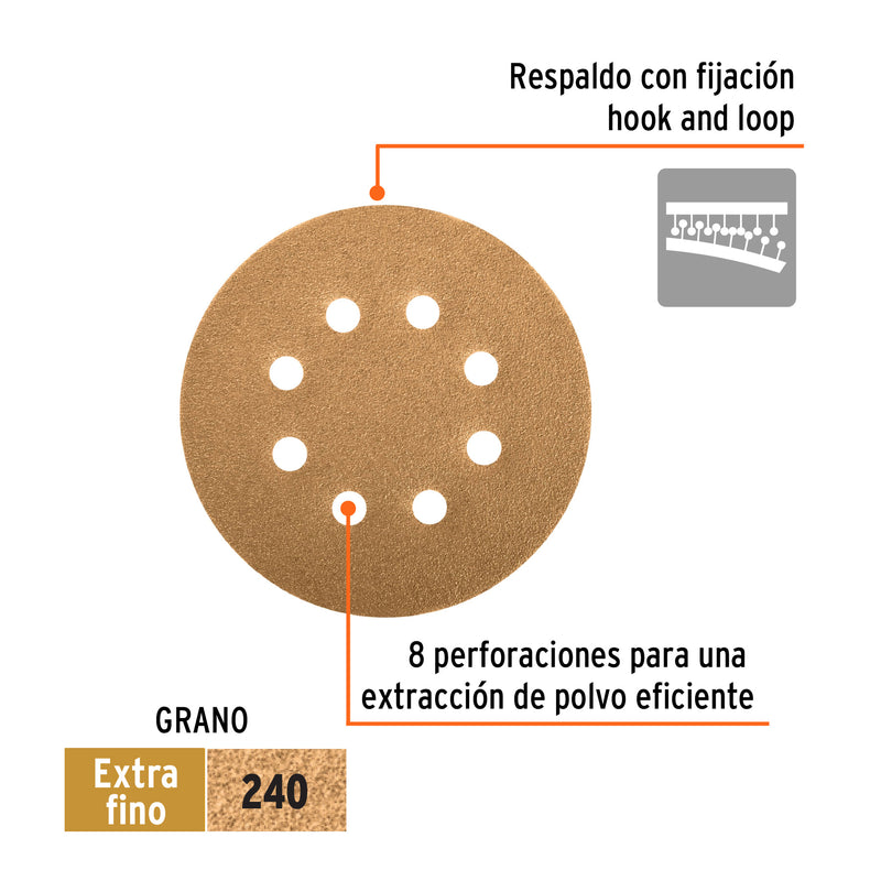 Caja con 5 Discos de Lija con Velcro Perforado 5" Grano 240 Truper