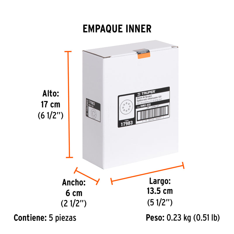 Caja con 5 Discos de Lija con Velcro Perforado 5" Grano 320 Truper
