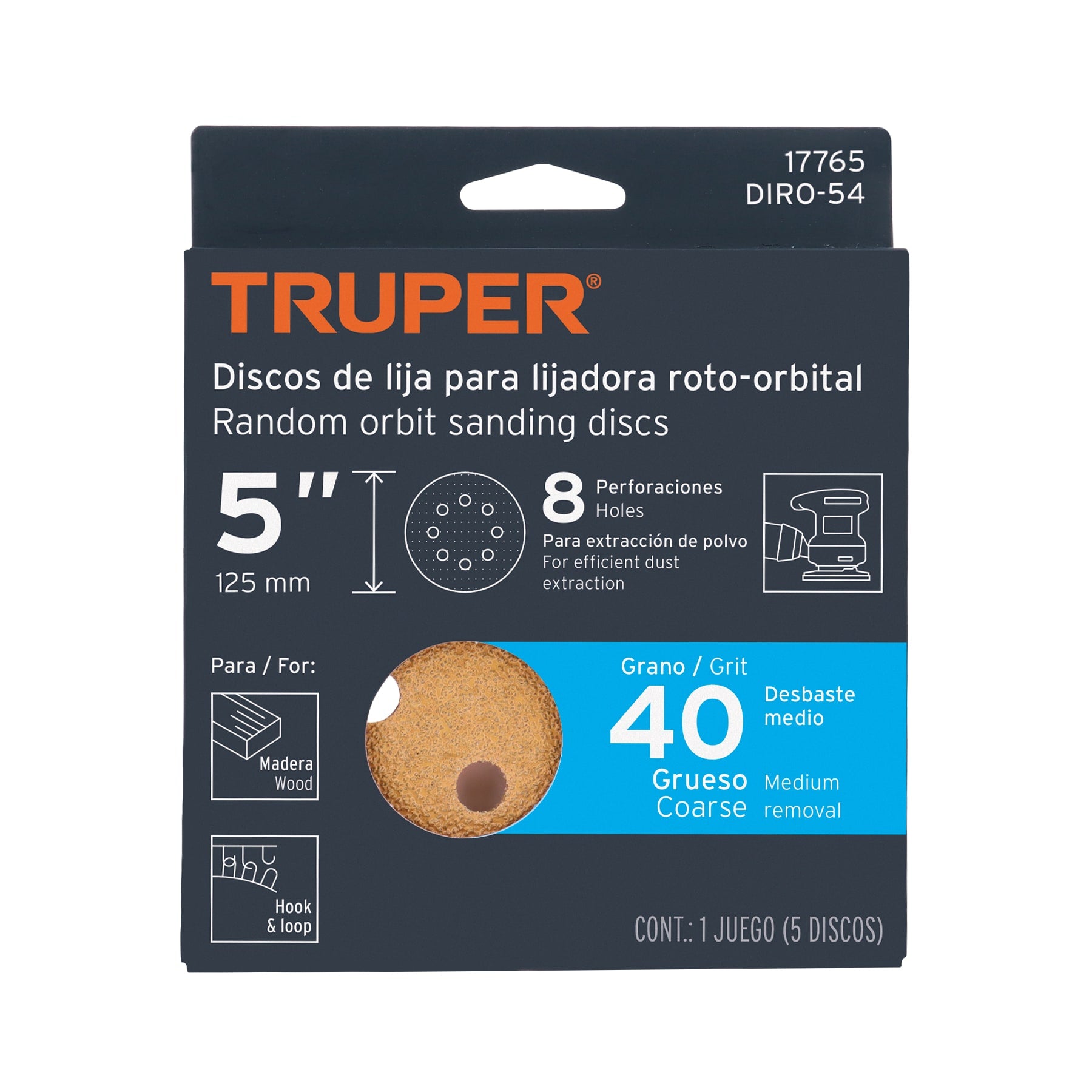 Caja con 5 Discos de Lija con Velcro Perforado 5" Grano  40 Truper