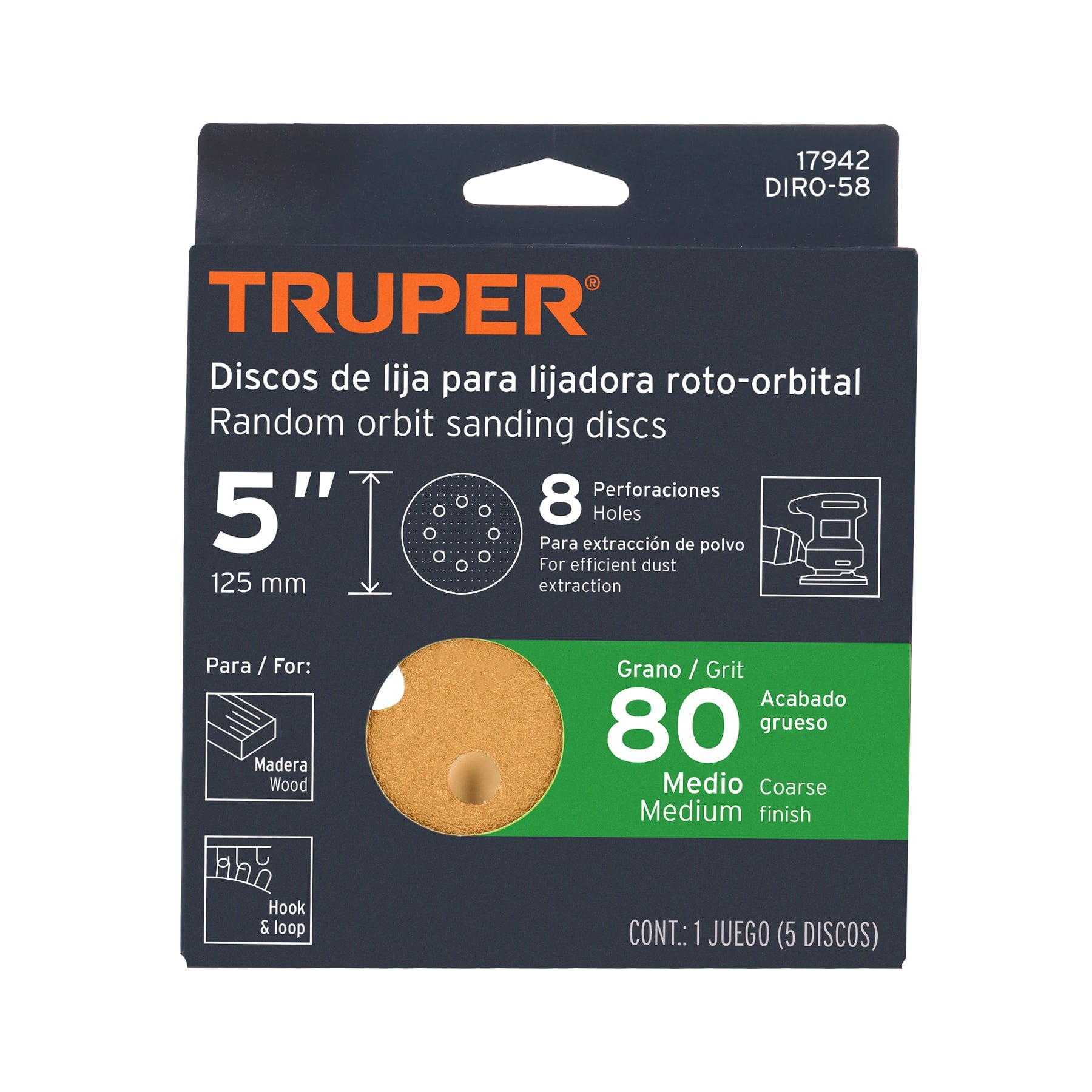 Caja con 5 Discos de Lija con Velcro Perforado 5" Grano  80 Truper