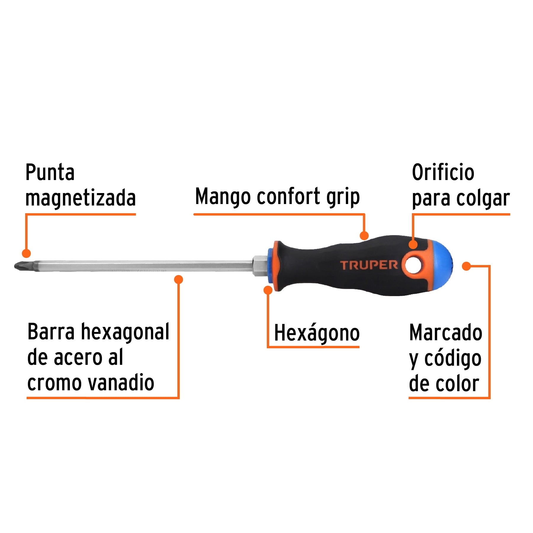 Desarmador Mango Comfort Grip Truper de Cruz 1/4" (#2) X 6"