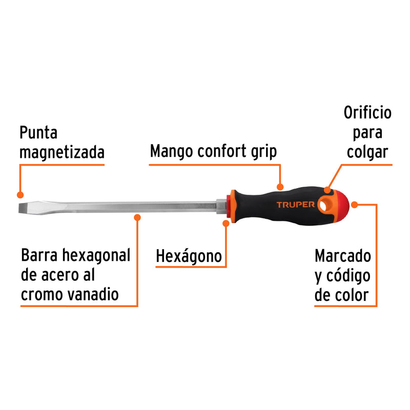 Desarmador Mango Comfort Grip Truper Plano 3/8" X 8"