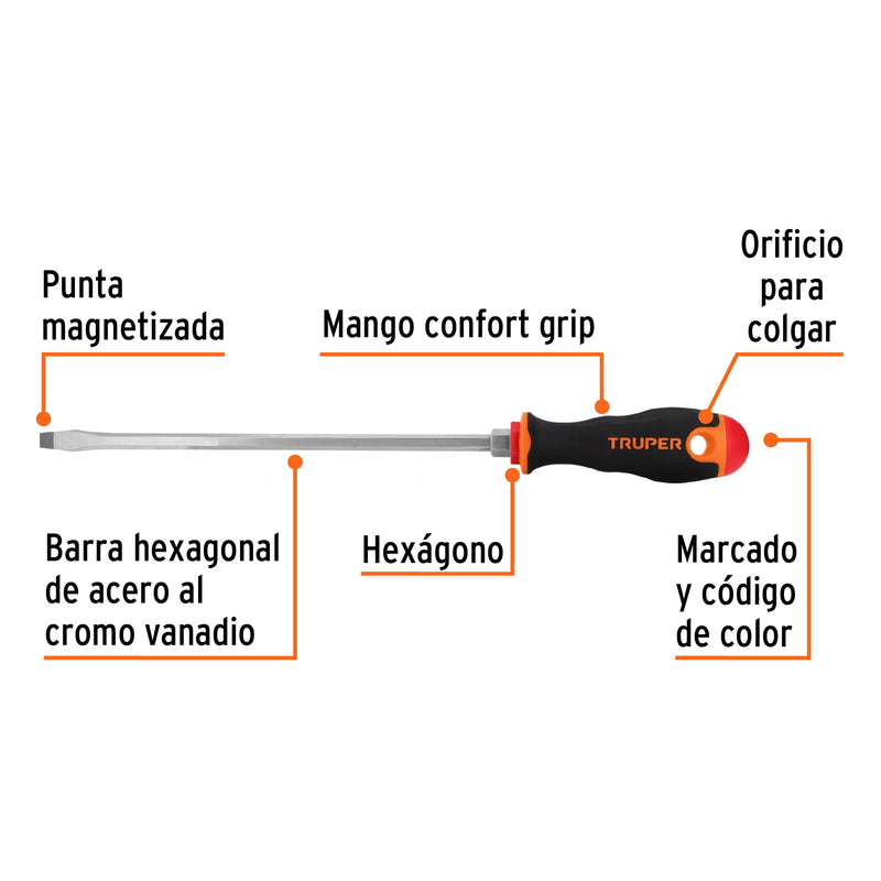 Desarmador Mango Comfort Grip Truper Plano 5/16" X 10"