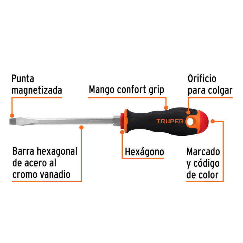 Desarmador Mango Comfort Grip Truper Plano 5/16" X 6"