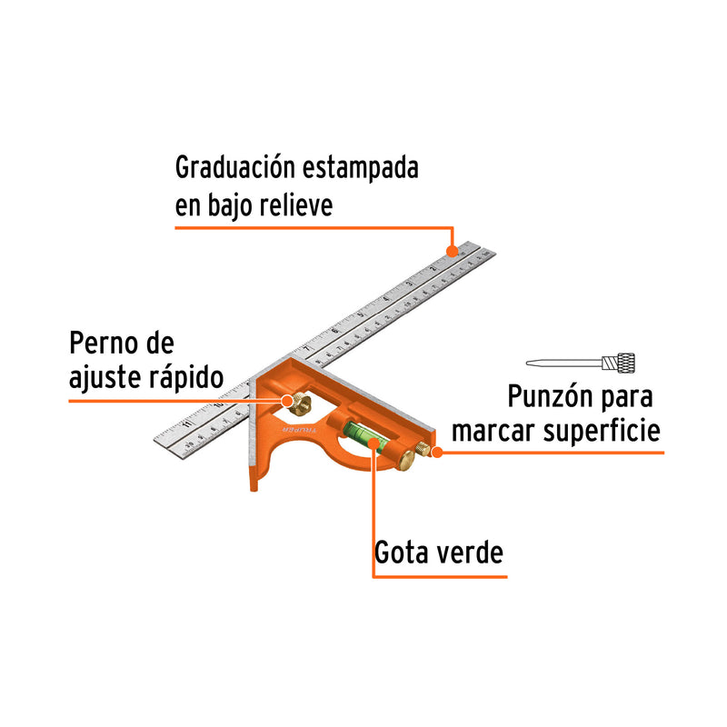 Escuadra de Combinacion 12" con Punzon para Marcar Truper