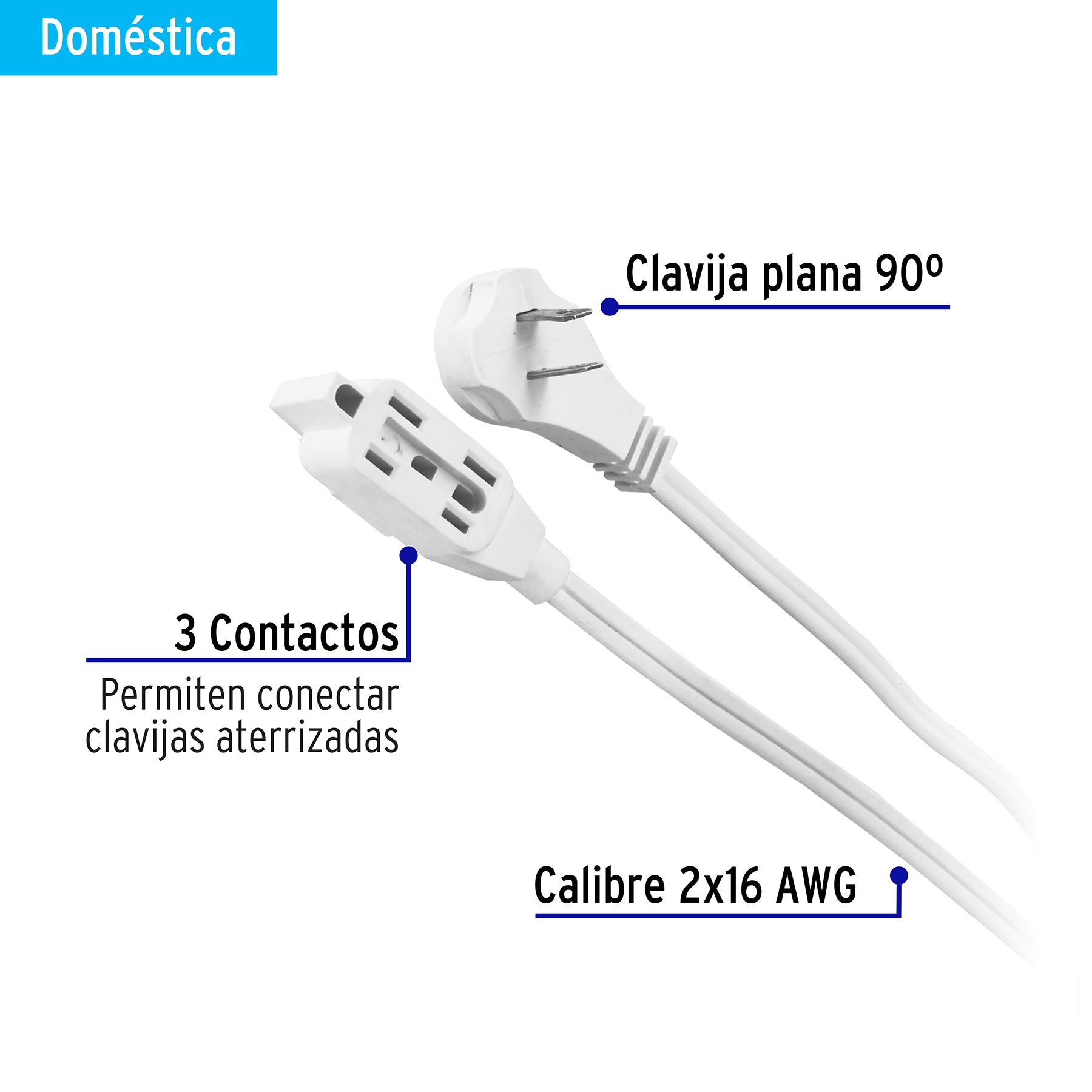 Extension Electrica Domestica Blanca Clavija Plana Volteck 10 Metros