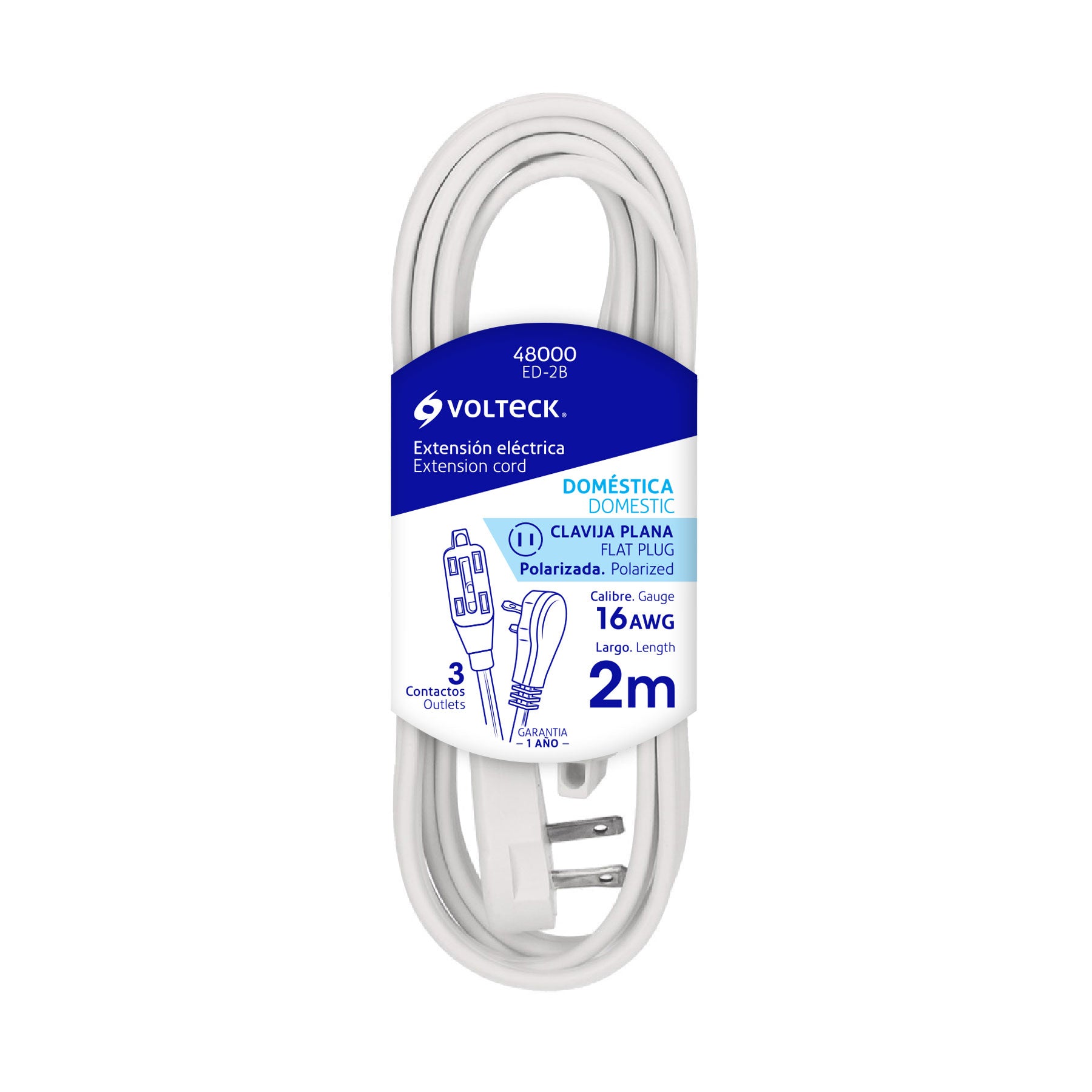 Extension Electrica Domestica Blanca Clavija Plana Volteck  2 Metros