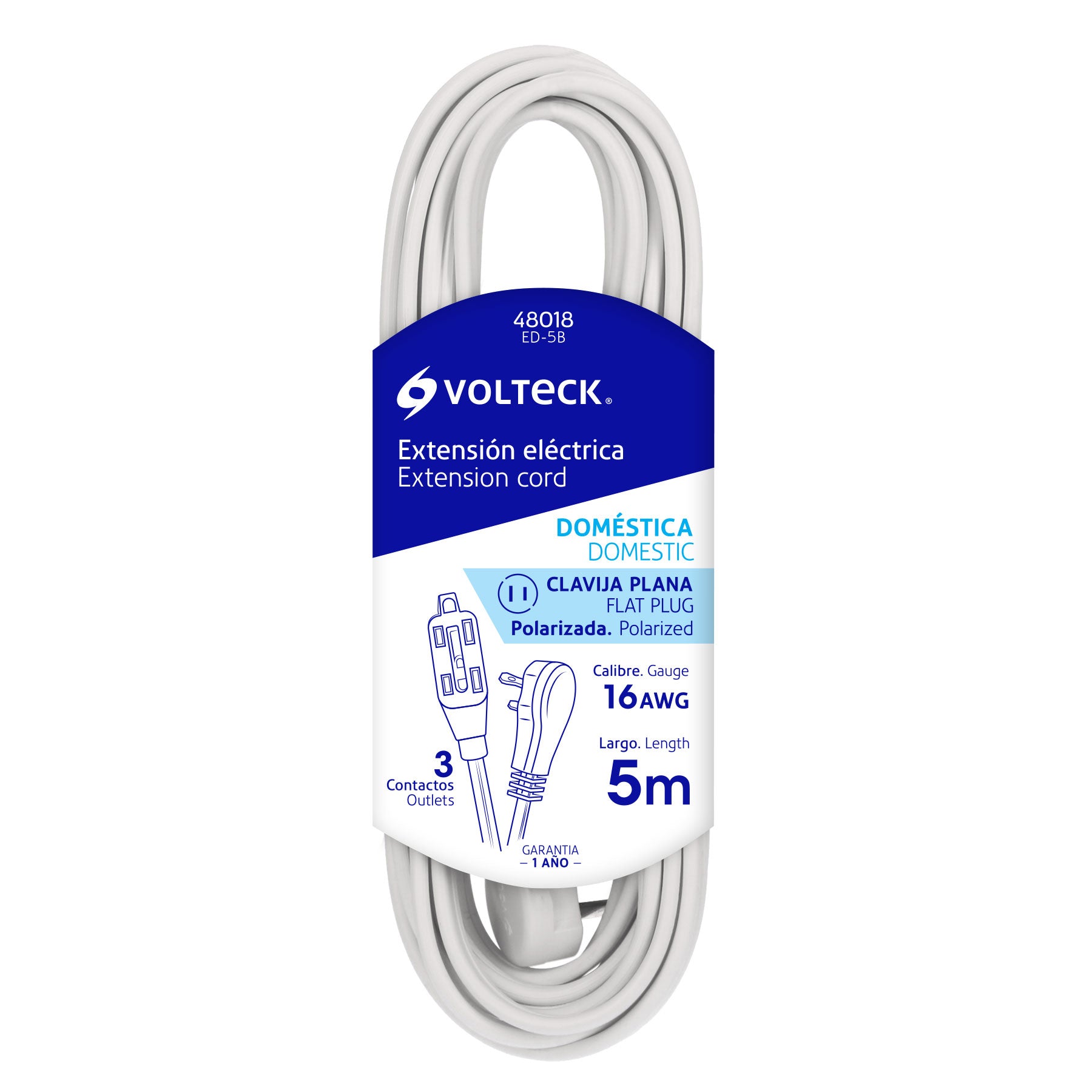 Extension Electrica Domestica Blanca Clavija Plana Volteck  5 Metros