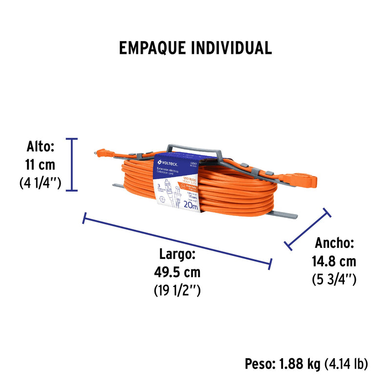 Extension Electrica Uso Rudo Naranja Volteck 20 Metros