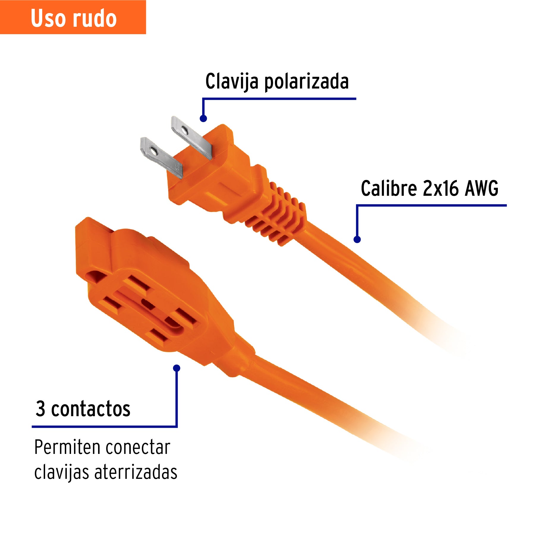 Extension Electrica Uso Rudo Naranja Volteck  2 Metros