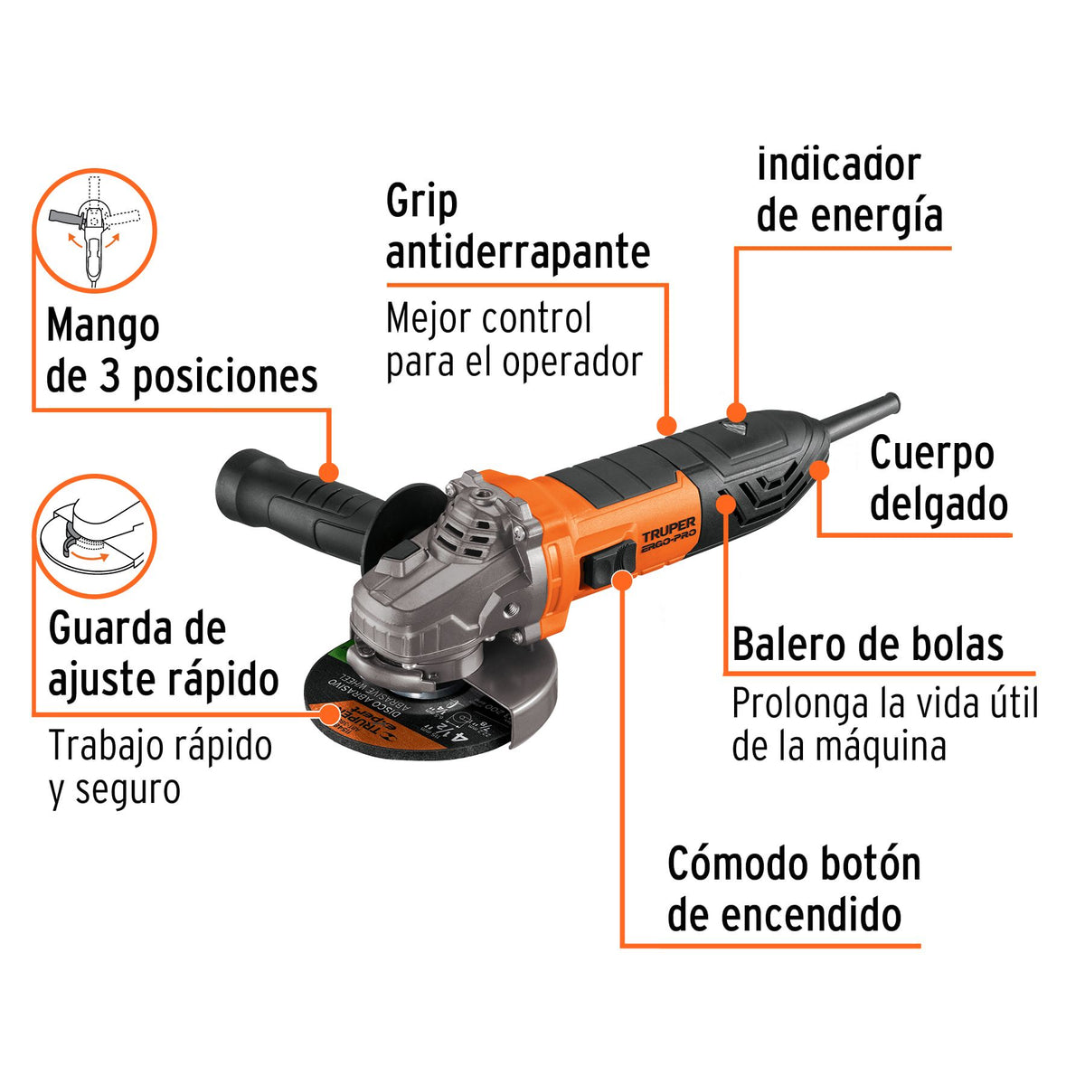 Esmeriladora Angular 4"1/2 - 1,100 Watts TRUPER ERGO PRO