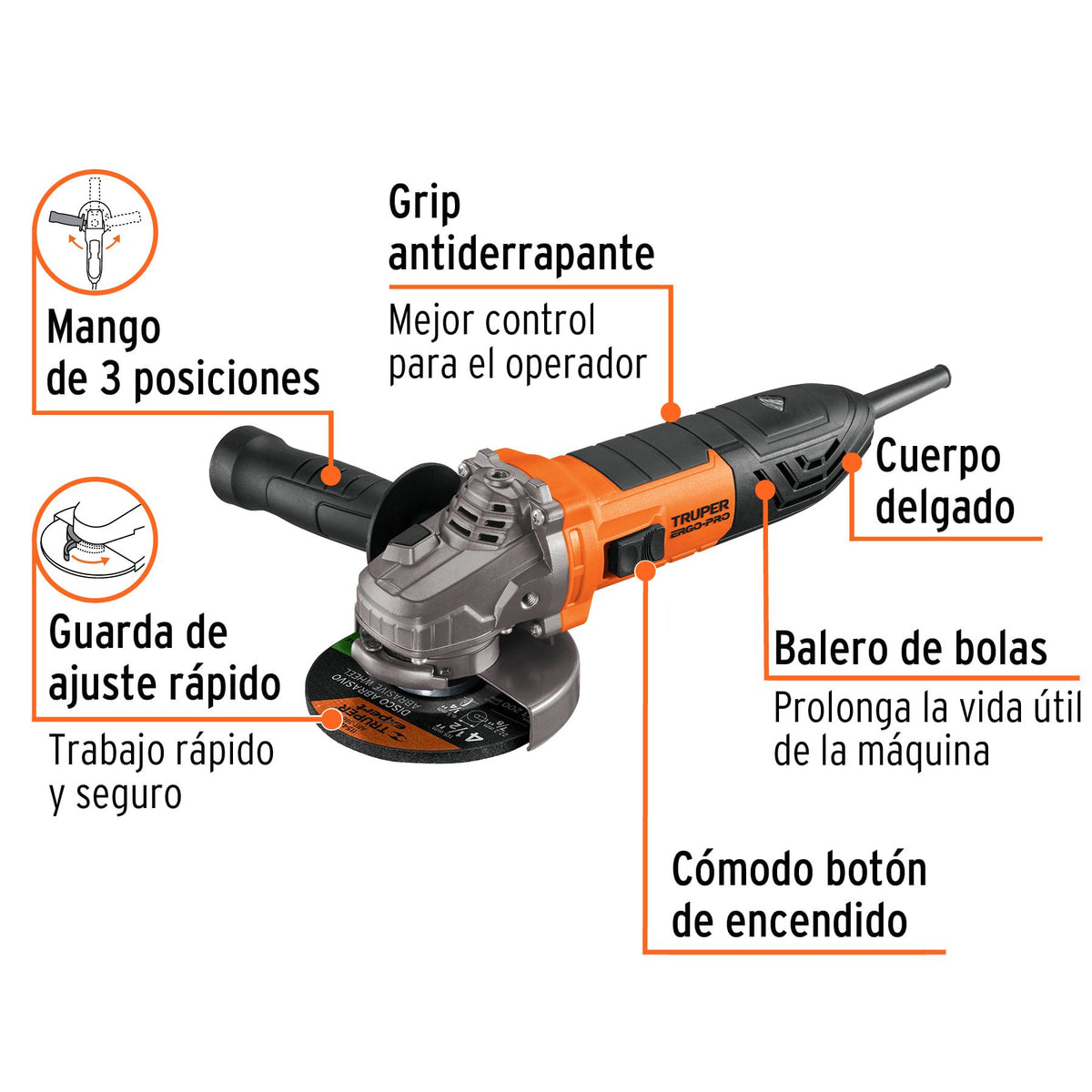 Esmeriladora Angular 4"1/2 -  750 Watts TRUPER ERGO PRO