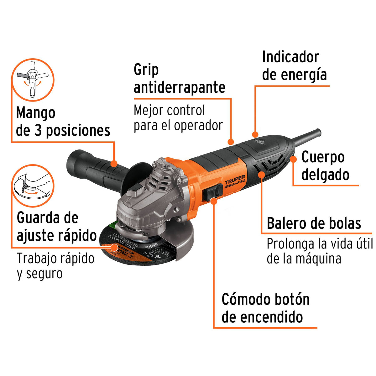Esmeriladora Angular 4"1/2 -  950 Watts TRUPER ERGO PRO