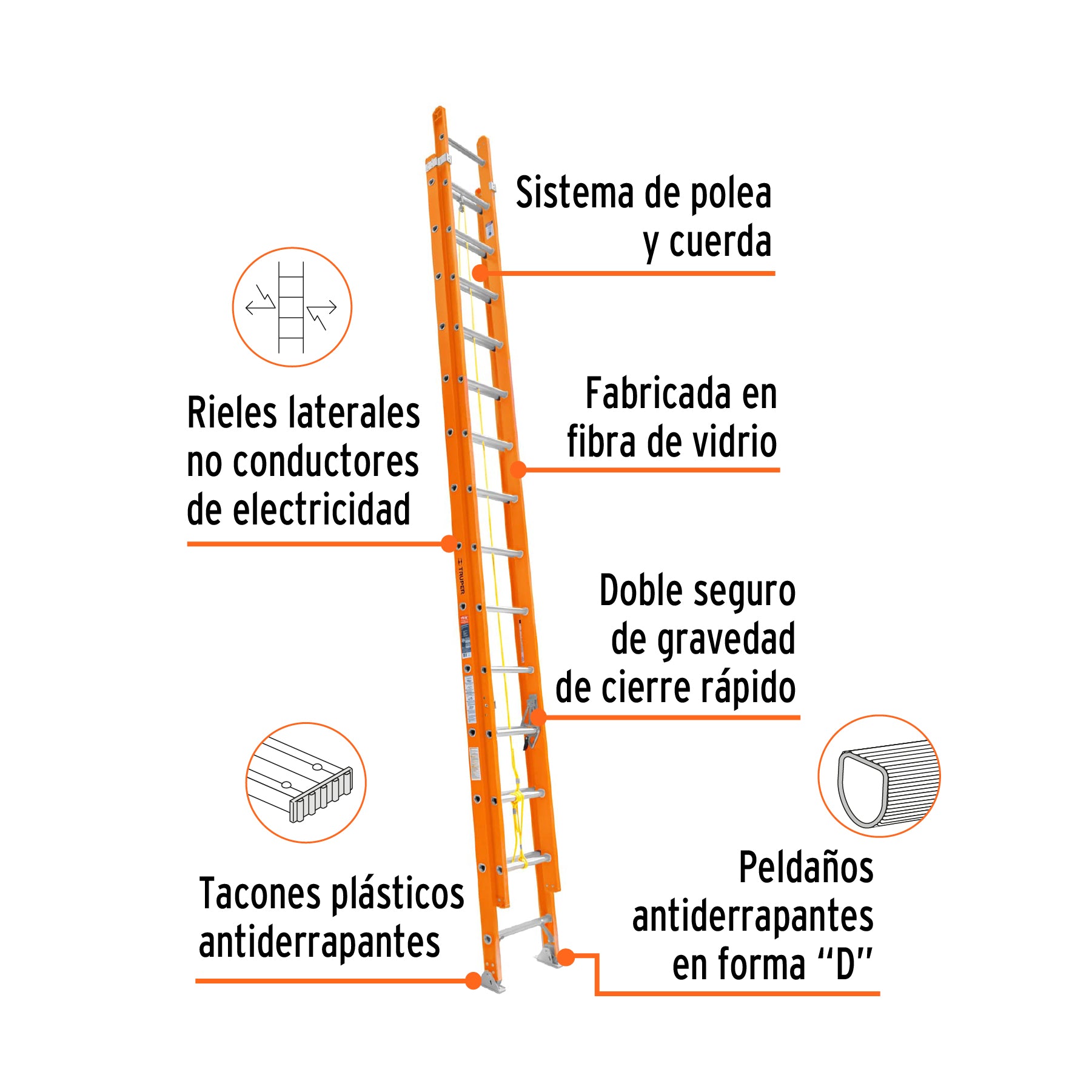 Escalera de Extension Fibra de Vidrio Tipo II Truper 20 Peldaños