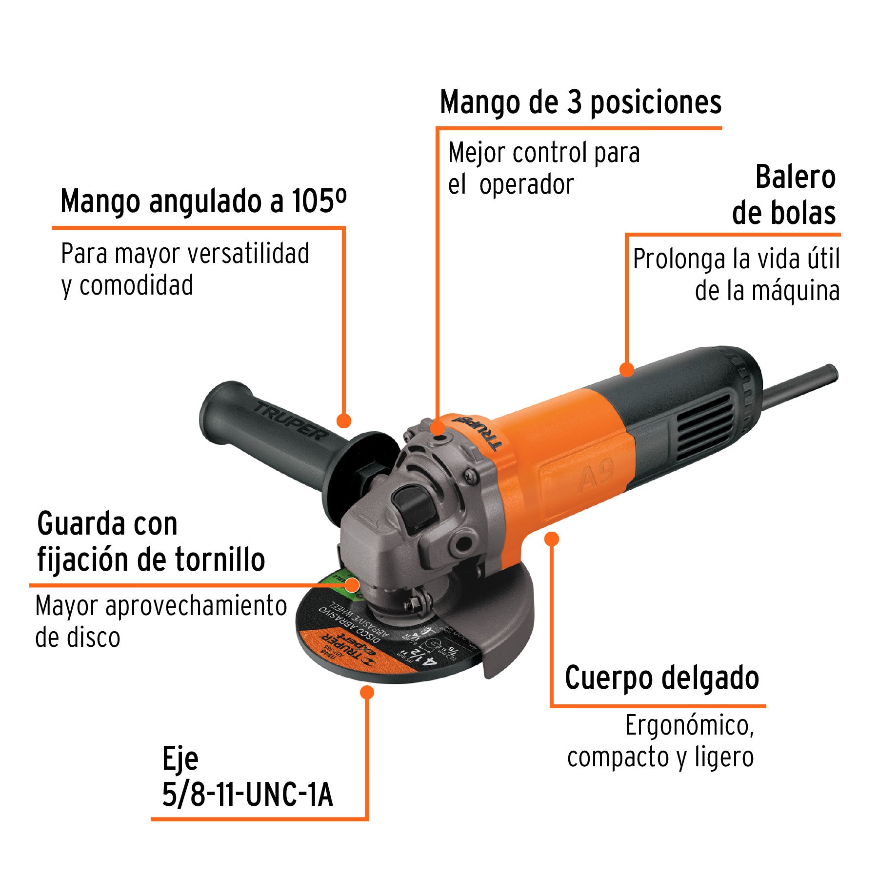 Esmeriladora Angular 4"1/2 -  800 Watts TRUPER PRO