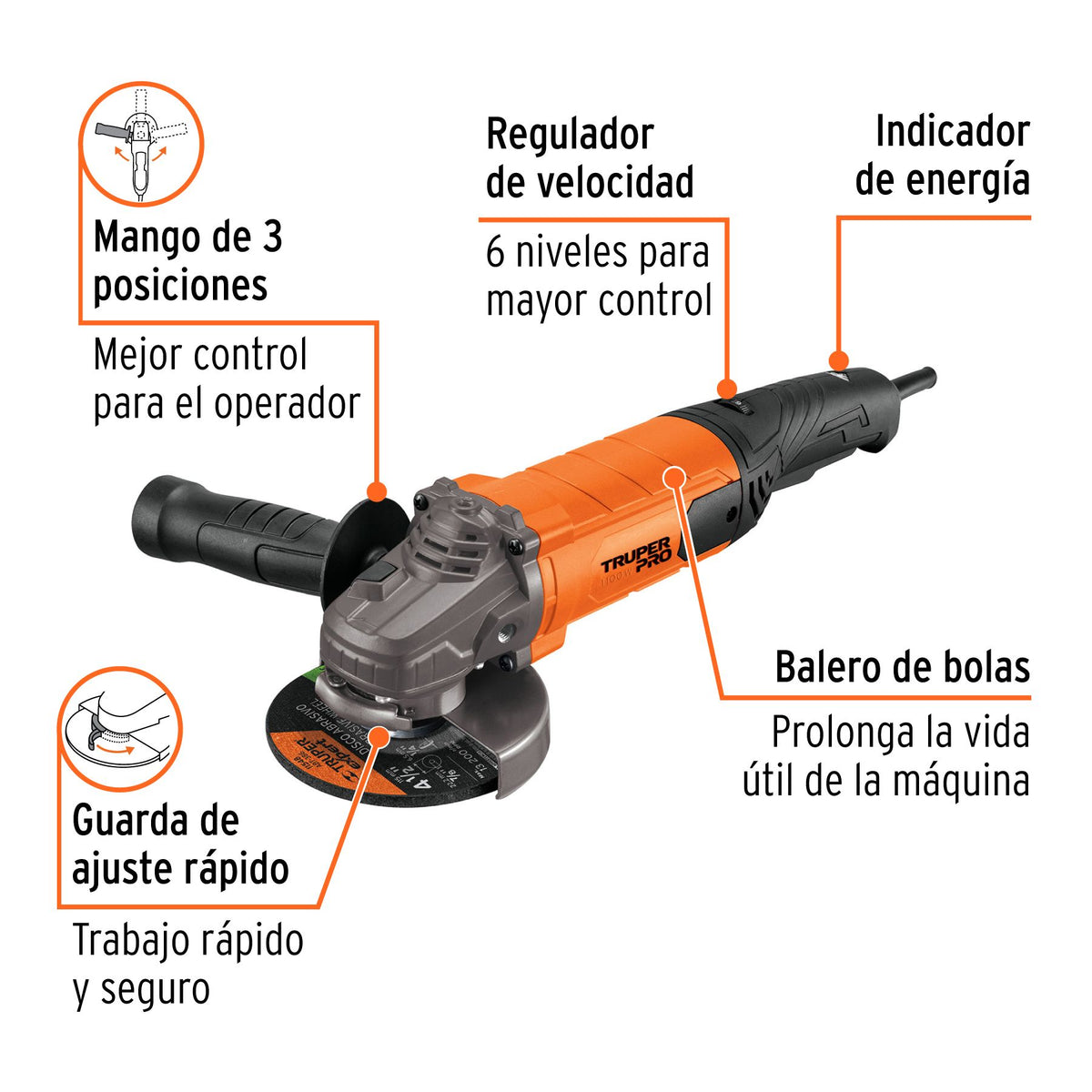 Esmeriladora Angular 4"1/2 - 1,100 Watts Velocidad Variable TRUPER PRO