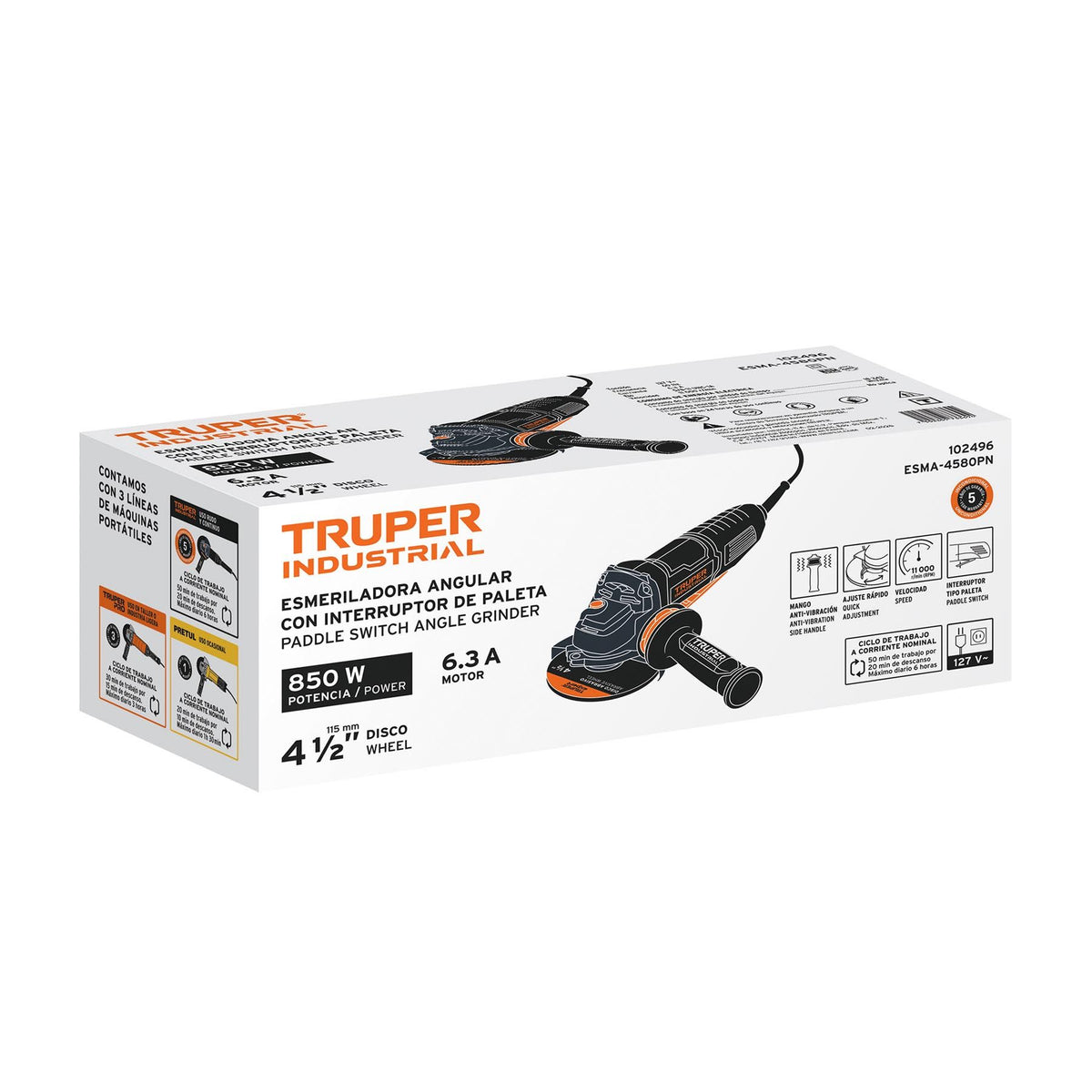Esmeriladora Angular 4"1/2 -  850 Watts Interruptor Tipo Paleta TRUPER INDUSTRIAL