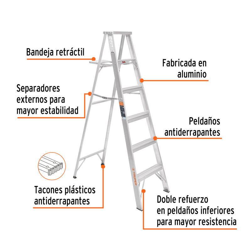 Escalera Tipo Tijera 100% Aluminio Tipo II Truper 5 Peldaños con Bandeja