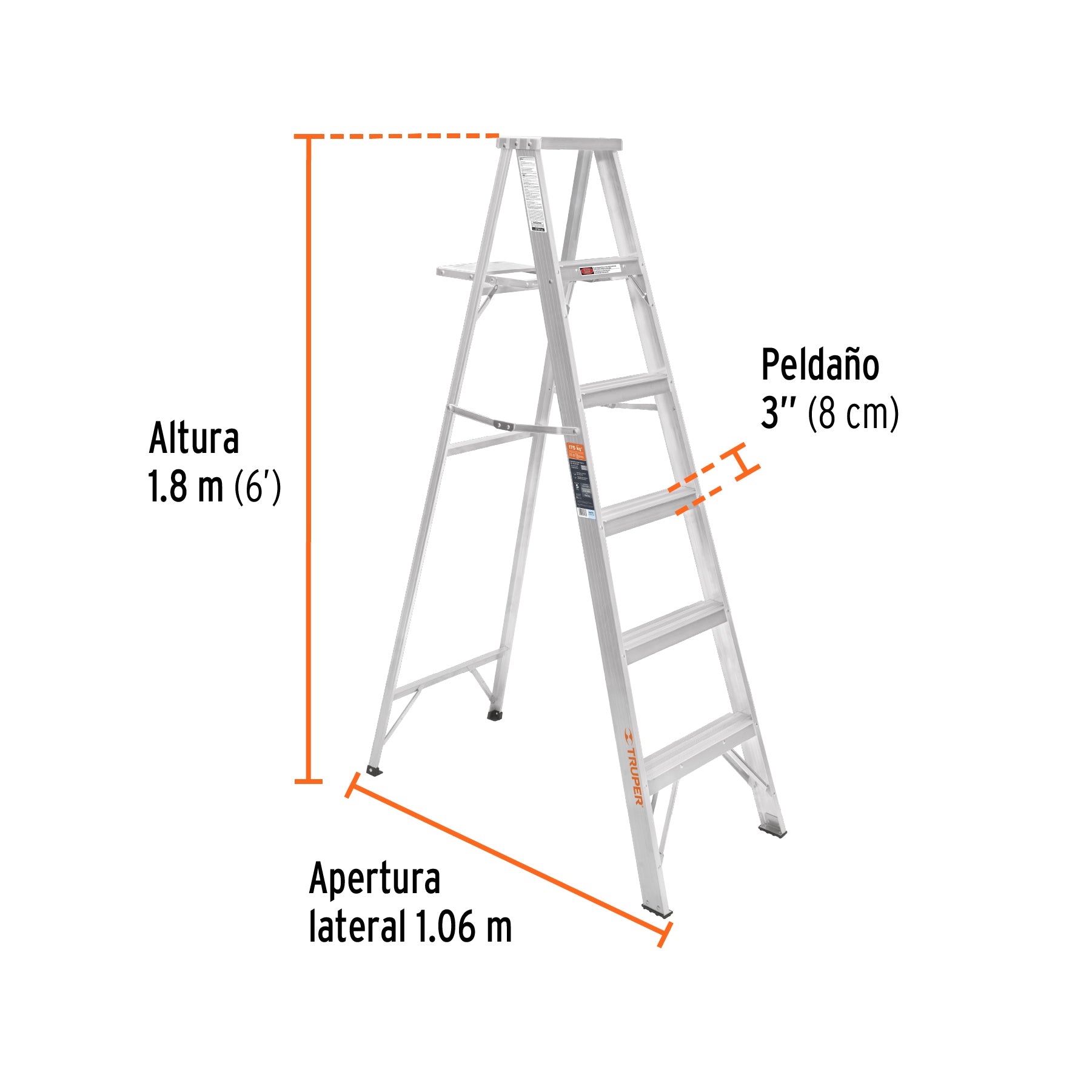 Escalera Tijera 100% Aluminio Tipo II Truper 5 Peldaños con Bandeja Truper