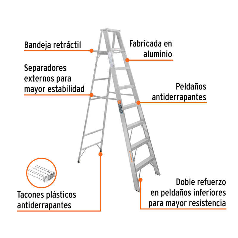 Escalera Tipo Tijera 100% Aluminio Tipo II Truper 7 Peldaños con Bandeja