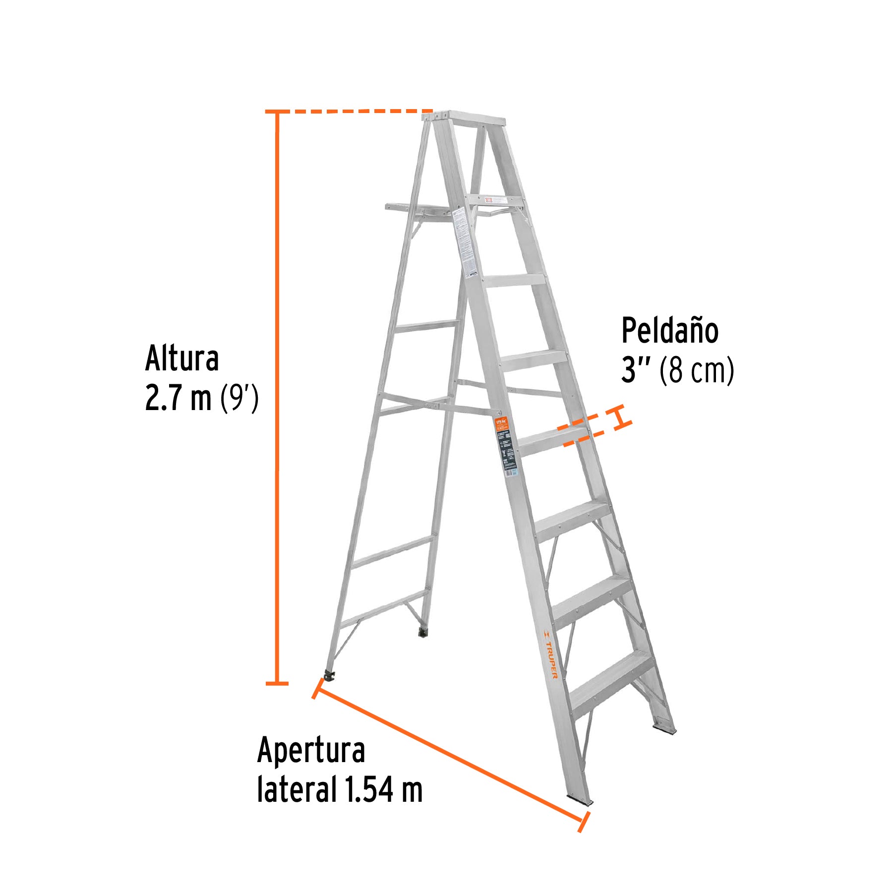 Escalera Tipo Tijera 100% Aluminio Tipo II Truper 8 Peldaños con Bandeja
