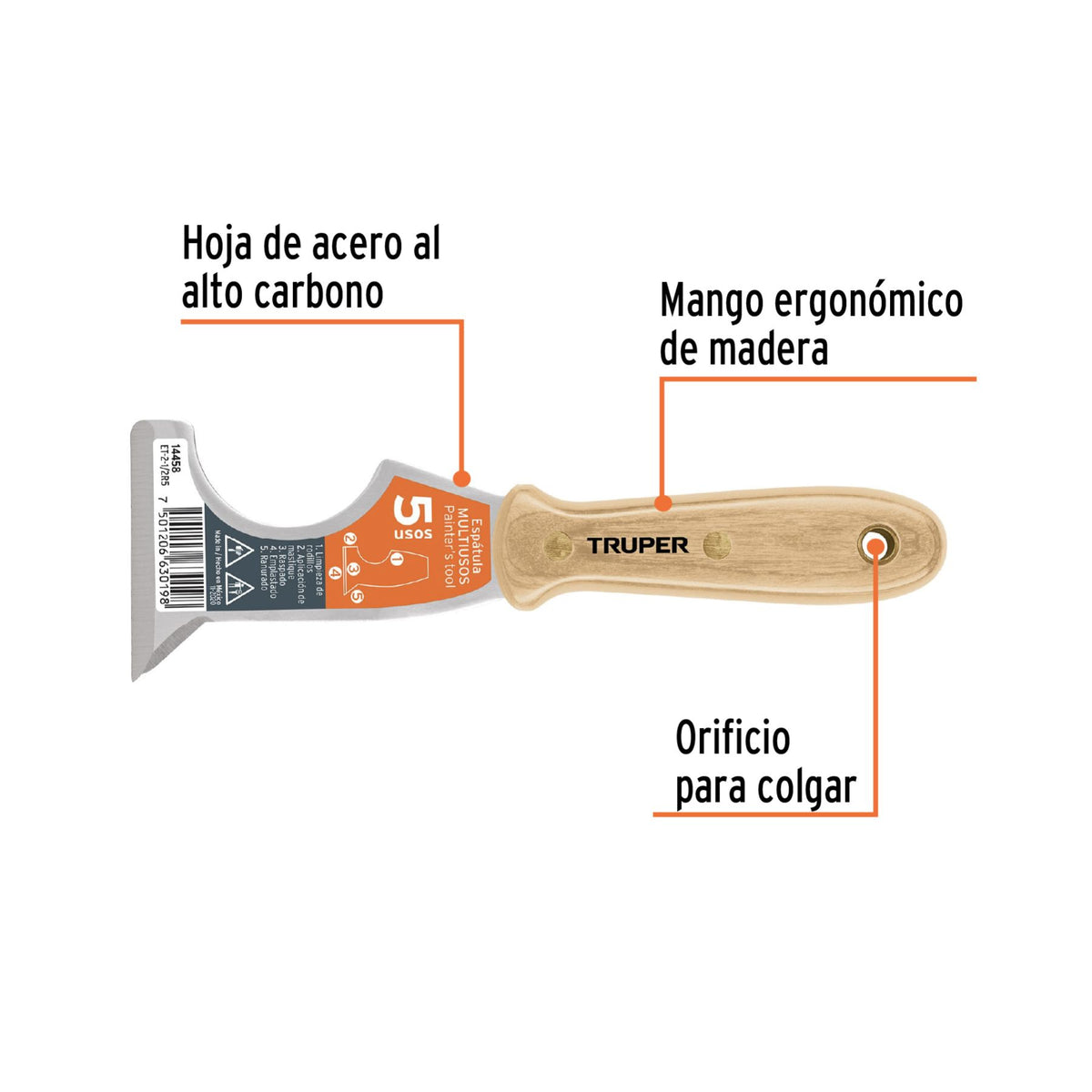 Espatula de 5 Usos Mango de Madera Truper 2"3/8