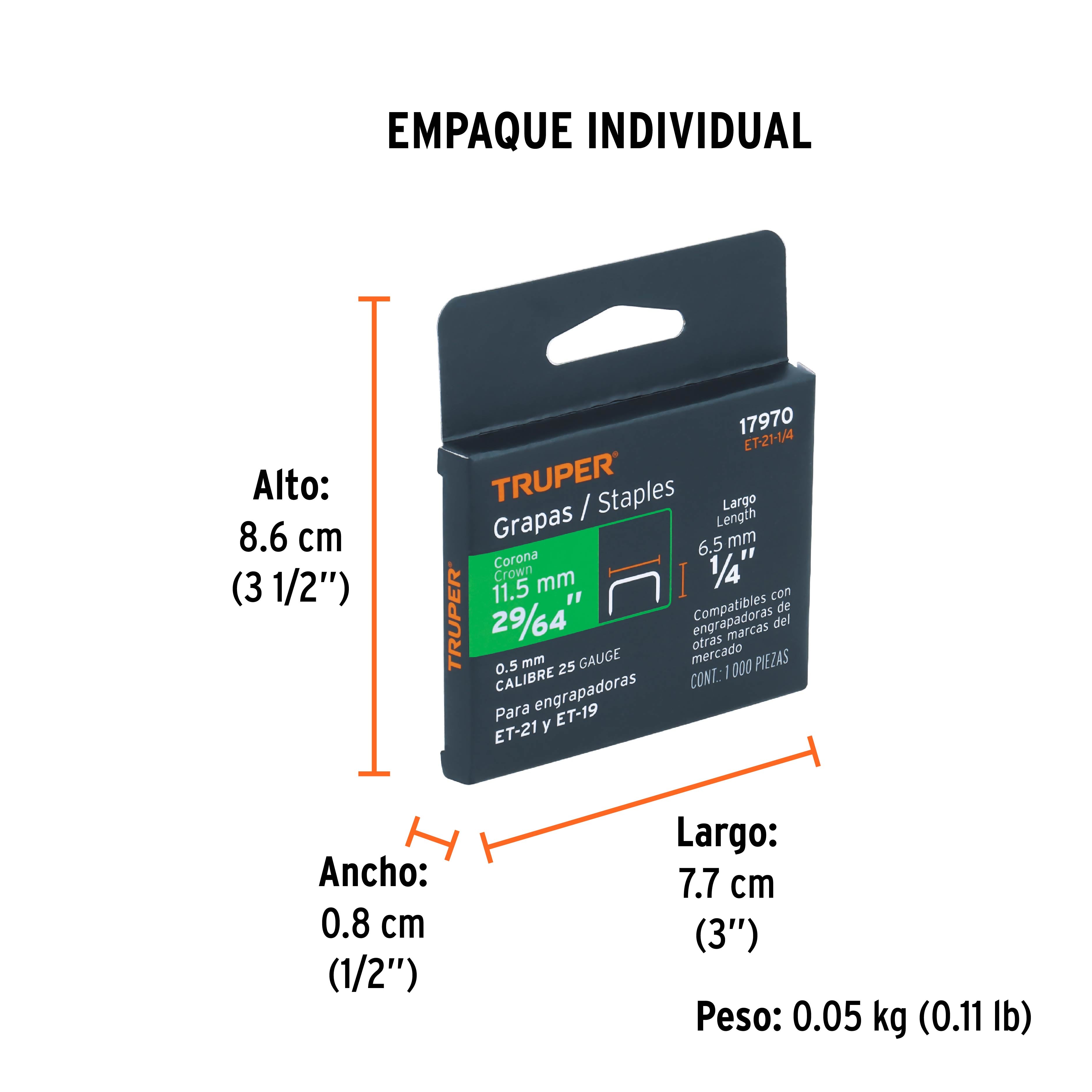 Grapas para Engrapadora Manual T-21 de 1/4" Truper