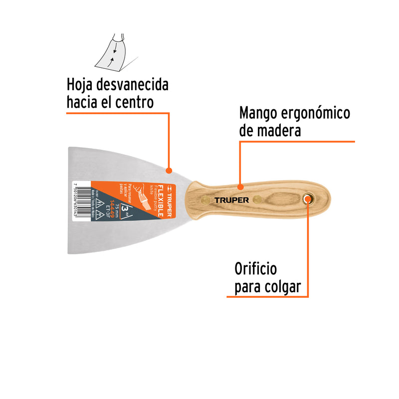 Espatula Flexible Mango de Madera Truper 3"