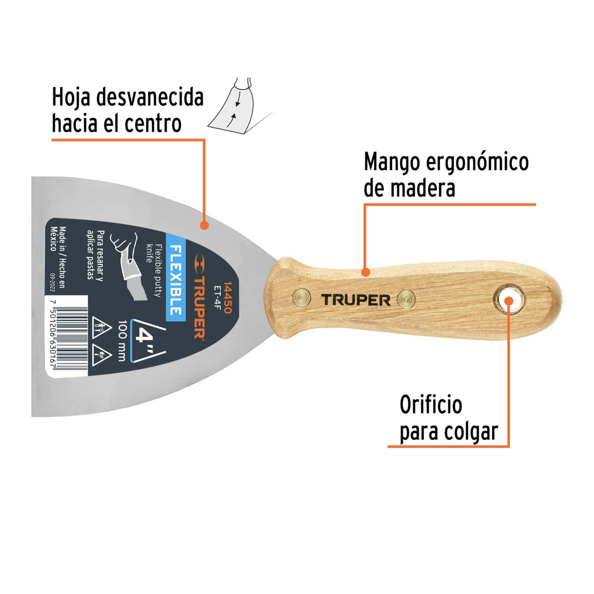 Espatula Flexible Mango Madera Truper 4"
