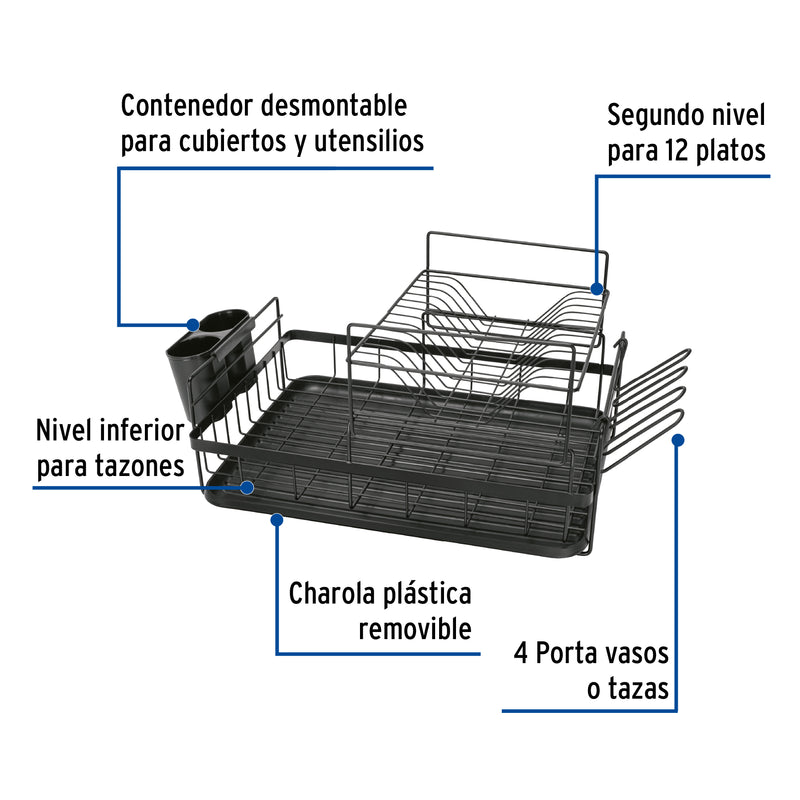 Escurridor Negro de Acero con 2 Niveles para Trastes Grande Foset