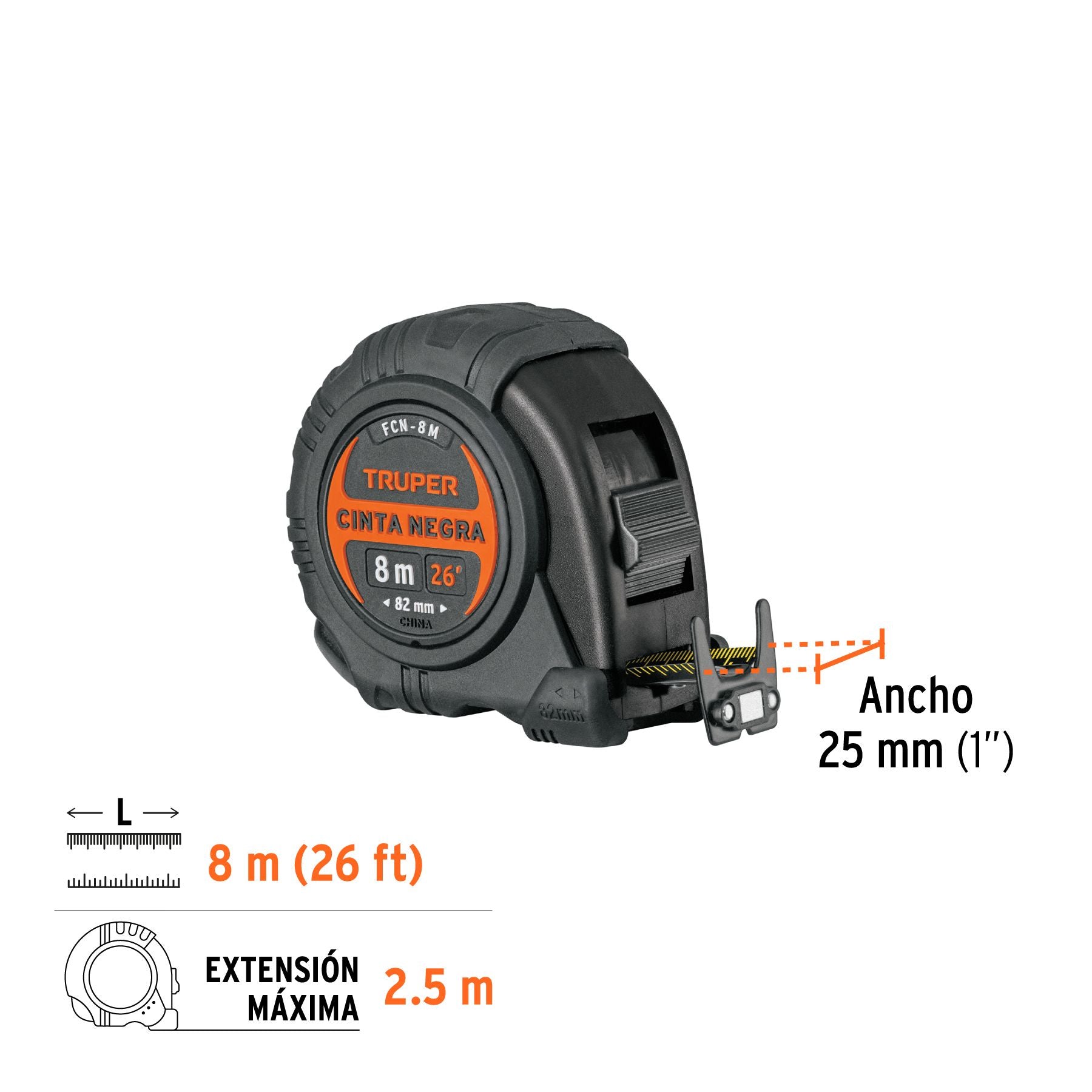 Flexometro 8 Metros Contra Impactos Cinta Negra Truper