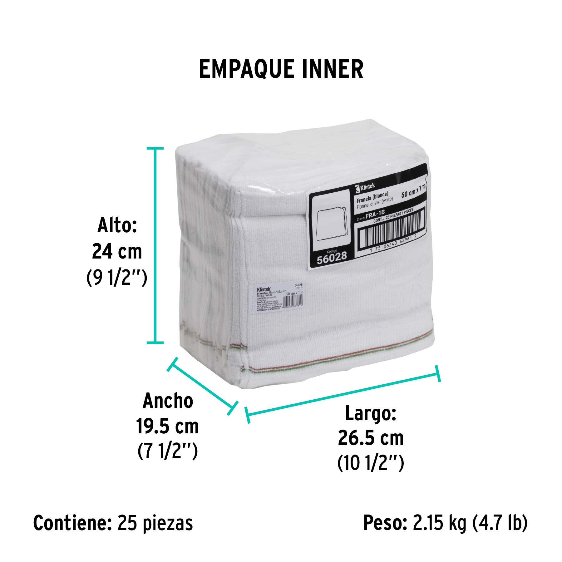 Franela de Algodon de 1 mt x 50 cms Blanca Klintek