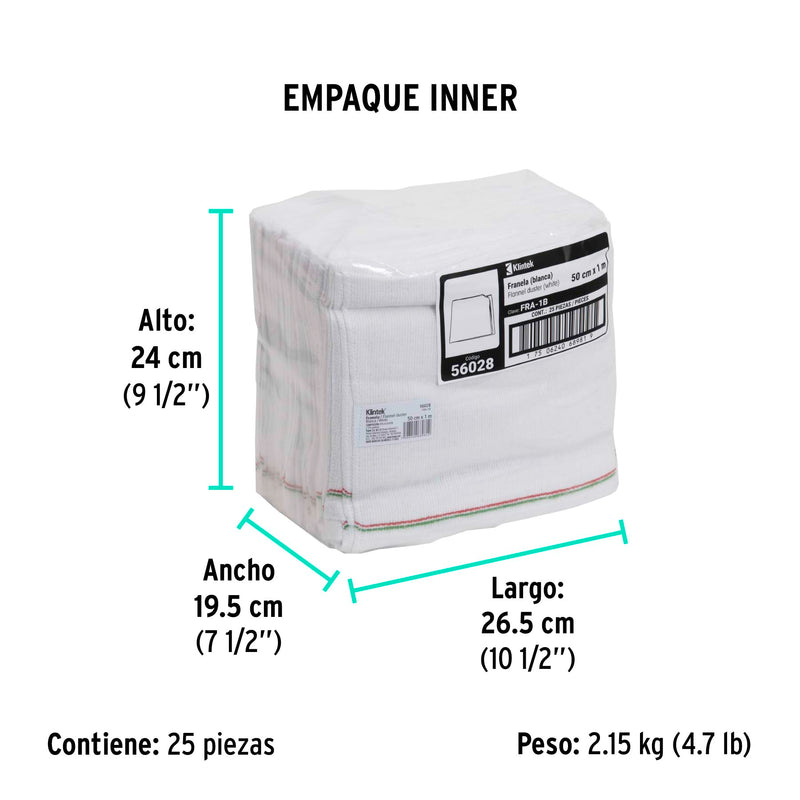 Franela de Algodon de 1 mt x 50 cms Blanca Klintek