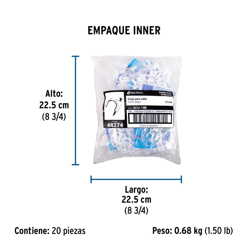 Grapa para Cable Redondo Blanca de 10 mm Volteck Bolsa con 20 Piezas