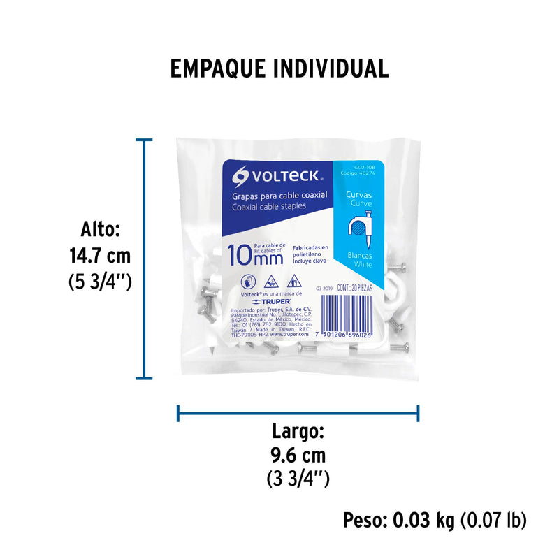 Grapa para Cable Redondo Blanca de 10 mm Volteck Bolsa con 20 Piezas